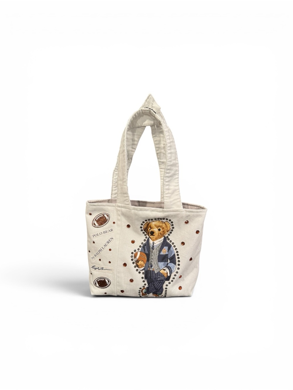 Handmade Polo Bear White Denim football Tote with Navy and Brown Accents